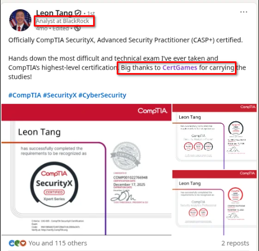 LinkedIn post from Leon Tang, Analyst at BlackRock, who passed CompTIA SecurityX (CASP+) and thanks CertGames for carrying his studies.