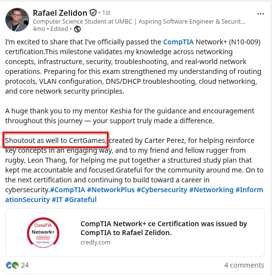 LinkedIn post from Rafael Zelidon, a UMBC computer science student, who passed CompTIA Network+ and shouts out CertGames.