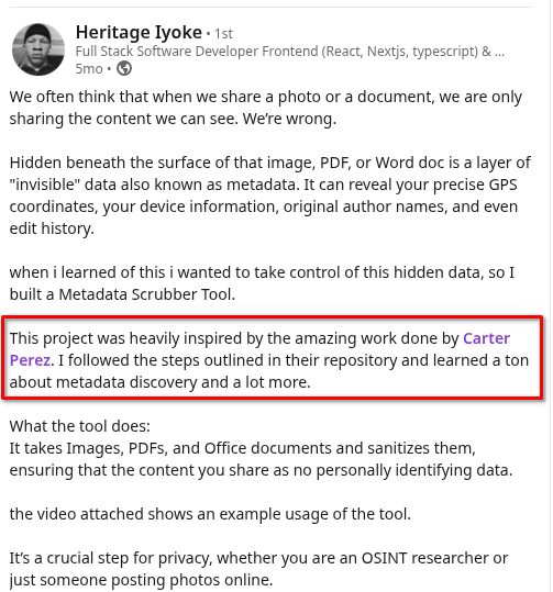 LinkedIn post from full-stack developer Heritage Iyoke crediting Carter Perez of CertGames as the inspiration for a tool he built.