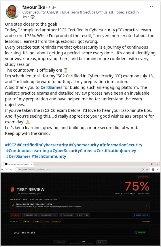 LinkedIn post thanking CertGames after a certification pass