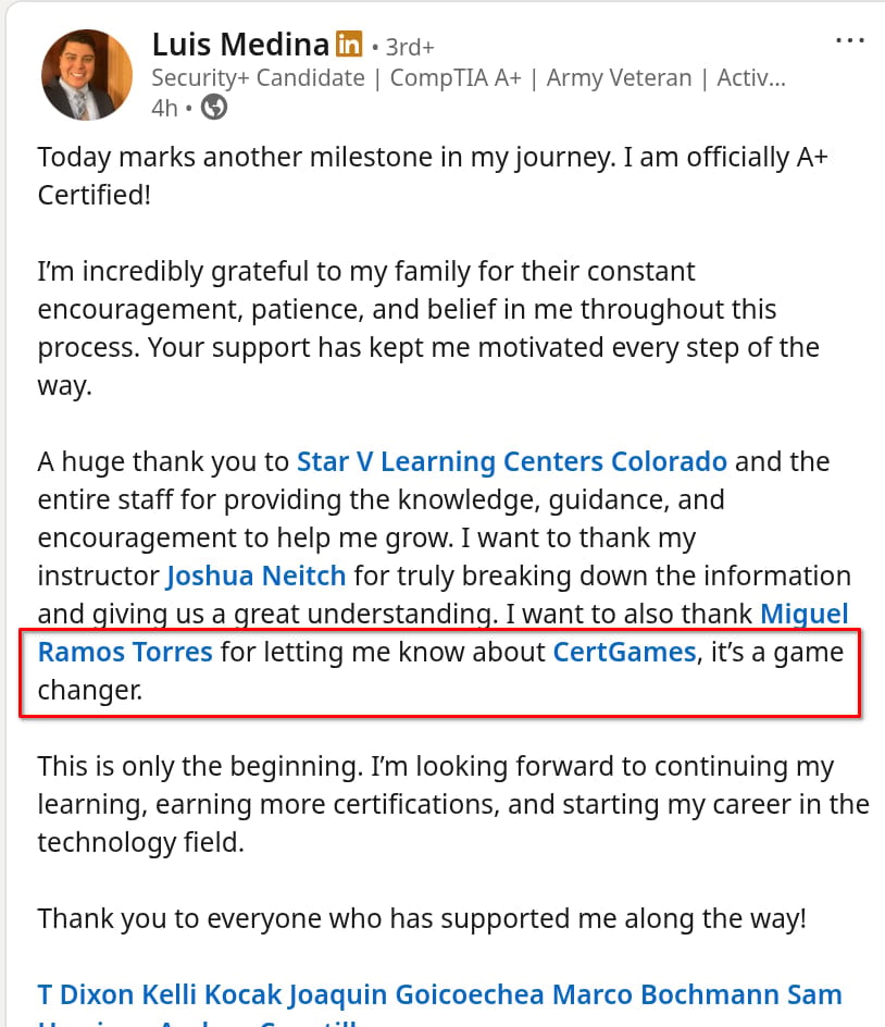 LinkedIn post crediting the direct mentorship alongside CertGames
