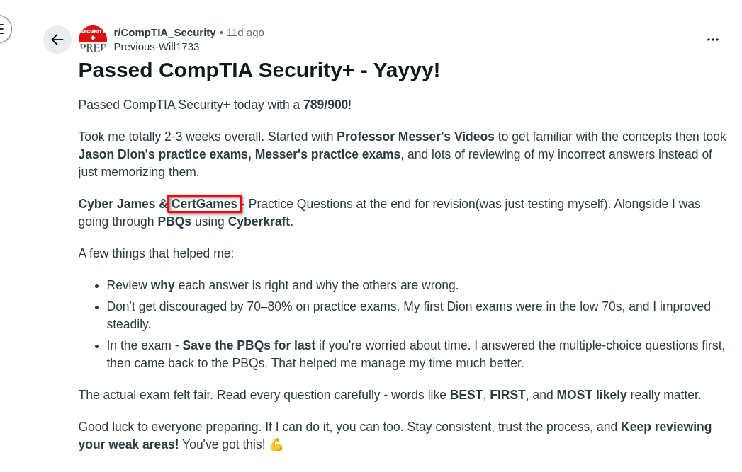 Reddit post about passing Security+ with a 789 out of 900, listing CertGames as a study resource