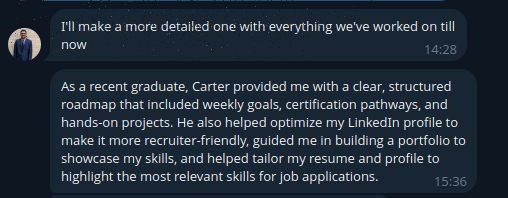 Telegram chat: passed Security+, with the next steps I laid out for projects and job applications