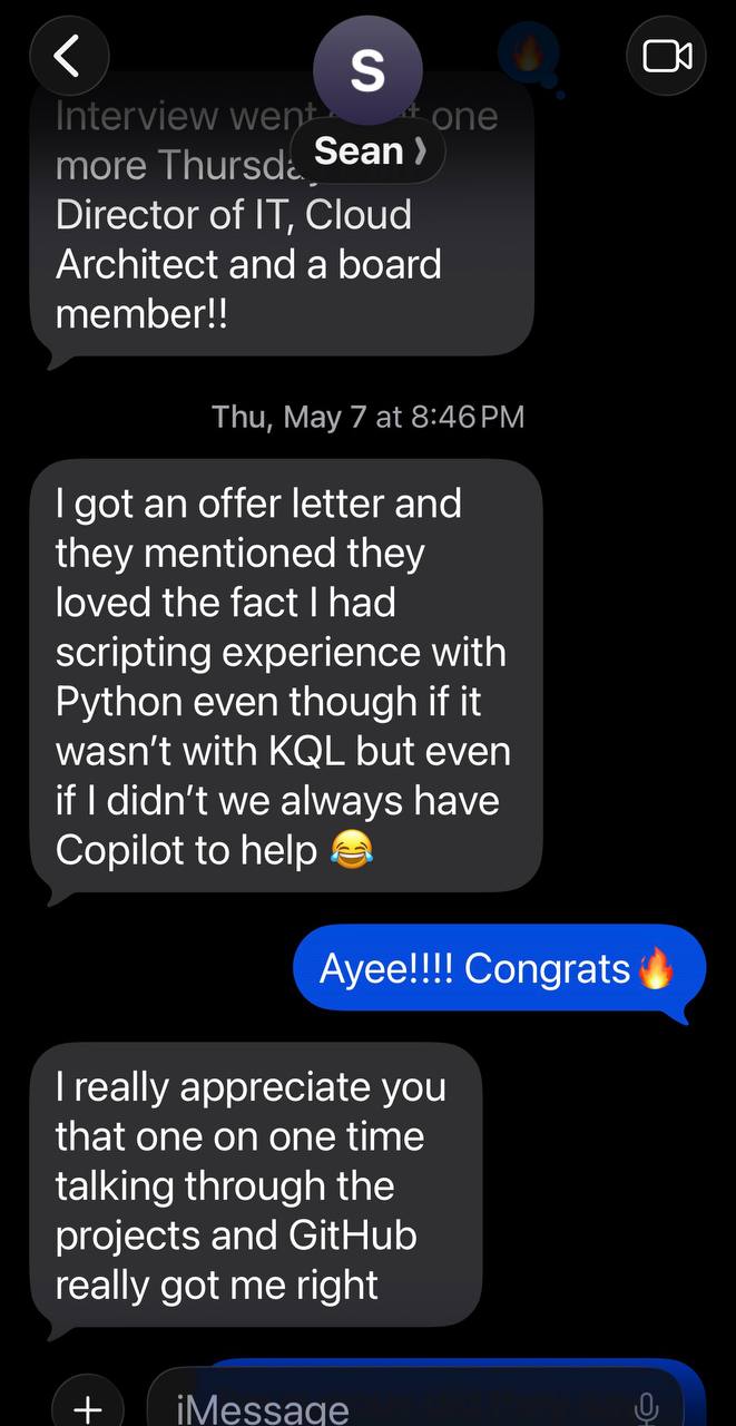 Text message from Sean: he received an offer letter and thanks the one-on-one time talking through his projects and GitHub
