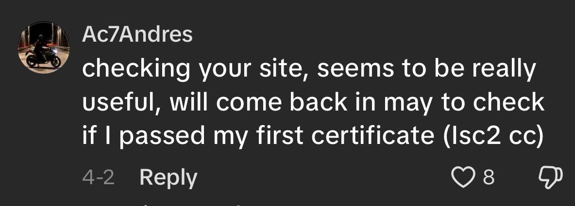 TikTok comment from Ac7Andres finding the site useful while prepping for the ISC2 CC certification.