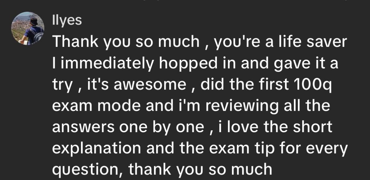 TikTok comment from Ilyes calling CertGames a life saver, loving the short explanation and exam tip on every question.