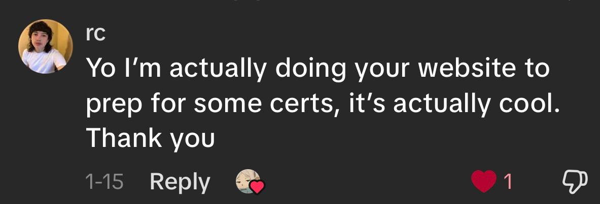 TikTok comment from rc using the website to prep for certifications and calling it cool.