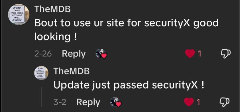 TikTok comment from TheMDB about using the site for SecurityX, with a follow-up update that they just passed SecurityX.