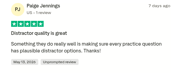 Five-star Trustpilot review from Paige Jennings praising the plausible-distractor quality of every practice question.