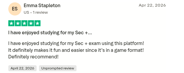 Five-star Trustpilot review from Emma Stapleton enjoying studying for Security+ in a fun game format.