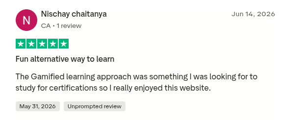 Five-star Trustpilot review from Nischay Chaitanya calling it a fun alternative way to learn for certifications.