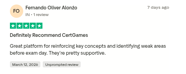 Five-star Trustpilot review from Fernando Oliver Alonzo recommending CertGames for reinforcing concepts and identifying weak areas before exam day.