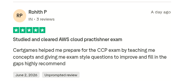 Five-star Trustpilot review from Rohith P who studied and cleared the AWS Cloud Practitioner exam with CertGames.