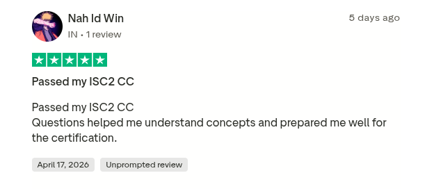 Five-star Trustpilot review titled "Passed my ISC2 CC" — questions helped understand concepts and prepared well for the certification.