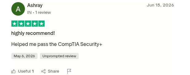 Five-star Trustpilot review from Ashray: highly recommend, helped me pass the CompTIA Security+.